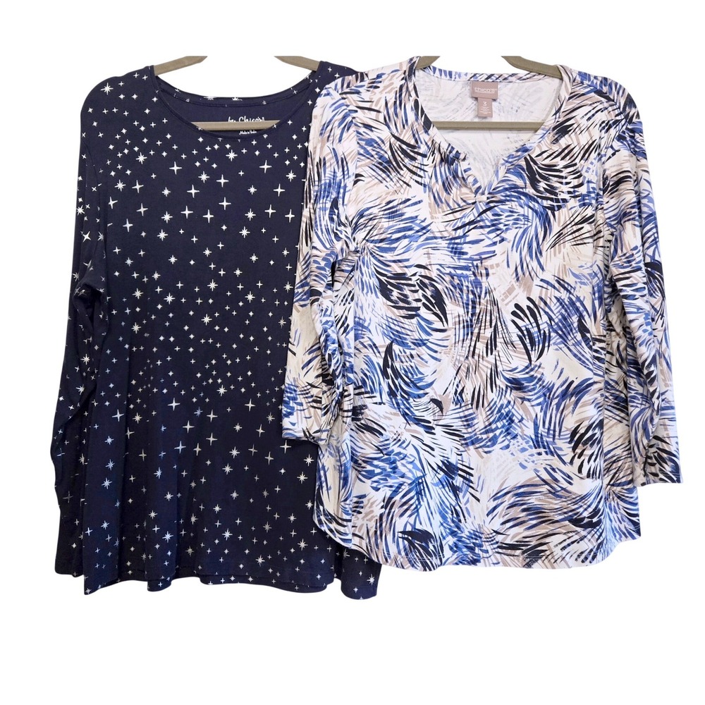 Chicos Lot of 2 Womens Tops Size 3/XL Navy Star Celestial & Blue Abstract Print